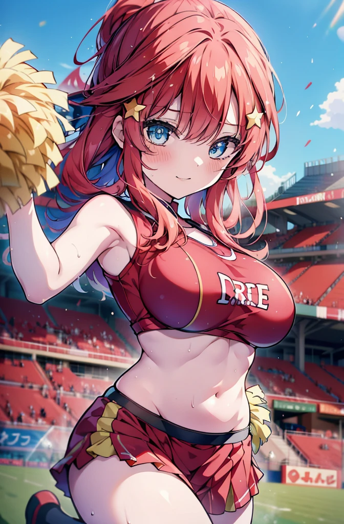 itsukinakano, Itsuki Nakano, bangs, blue eyes, hair between eyes, Ahoge, Redhead, star \(symbol\), happy smile, smile, Open your mouth,hair ornaments, star hair ornaments,(cheer leading), (whole body), Big Breasts, Lower, (Sweaty), Sweaty Wet Clothes (Red clothes),  No sleeve,Belly button support, playground, (Jump), (Jump), 足を曲げてJumpする, air, blue sky, Grass原, smileのチアリーダー, Pom-pom \(cheer leading\), Grass, whole bodyがイラストに入るように,crowd, people々々,
break outdoors, Stadium,
break looking at viewer, whole body,
break (masterpiece:1.2), Highest quality, High resolution, unity 8k wallpaper, (shape:0.8), (Fine and beautiful eyes:1.6), Highly detailed face, Perfect lighting, Highly detailed CG, (Perfect hands, Perfect Anatomy),