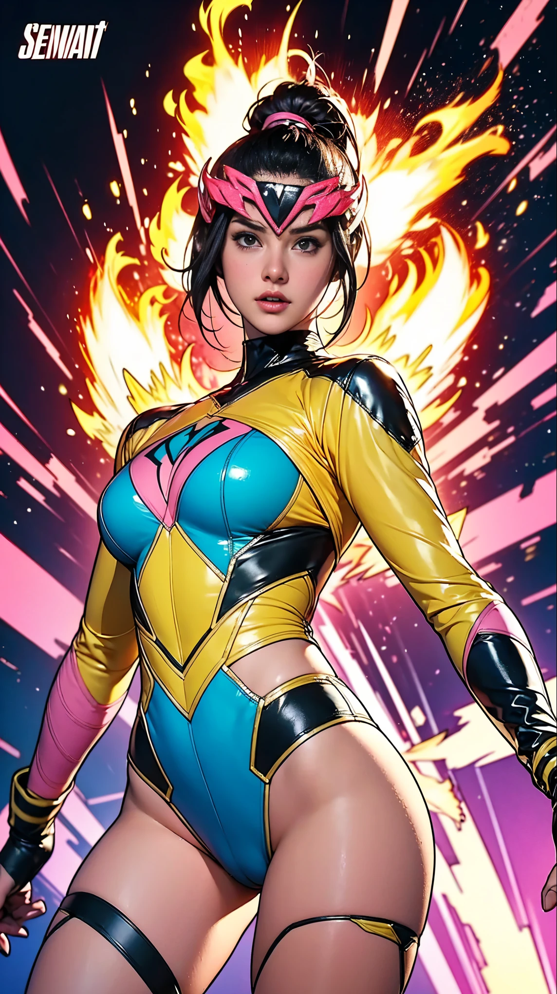 Solo, A brave and courageous image of a 6 member ranger team, Each one is decorated in vibrant colors such as:: ((Pink)), red is front of center, violet, Green, yellow, blue black, white,. Dynamic poses in a background that exudes energy and courage, neon, fire, plasma, Fluorescent, shocking, pink big bomber, splashing pink, running, fighting pose, action pose, Embodying the essence of the classic Sentai superhero team. Each Ranger:: The attire is sophisticated and modern, Each color has elements that reflect its theme., Ready for action. ((Camel Toe)), weapons, in sunset background , in cinematic lighting, cover art mixed cinema poster style,