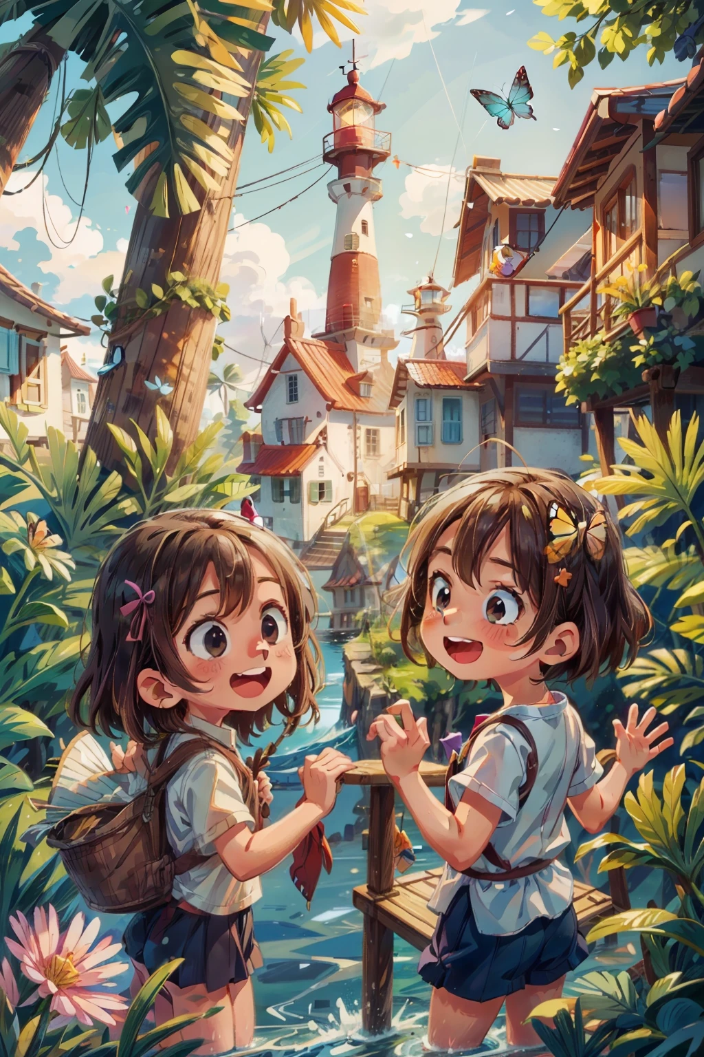 Generates an image of two happy  very young girls sailing on a boat, waves, sea, sky with white clouds. colorful butterflies, lighthouse in the background,
