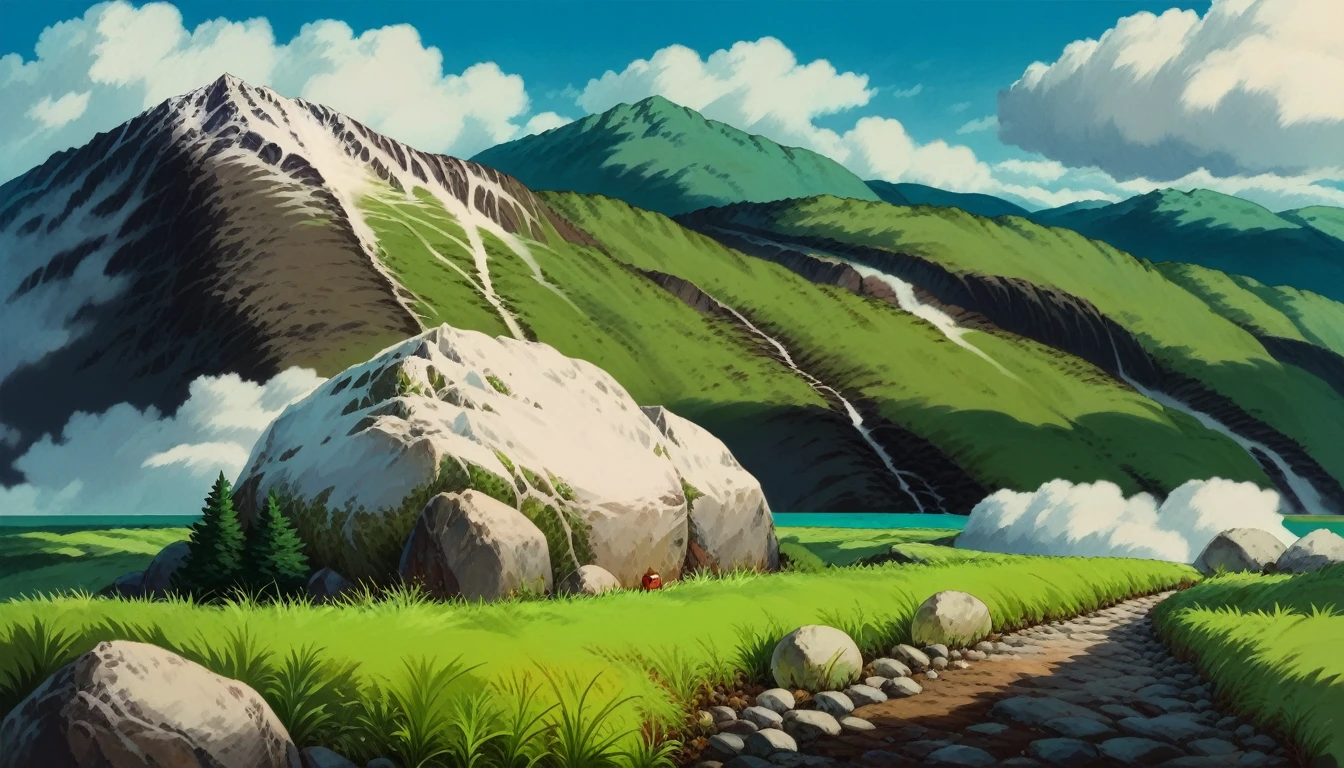 score_9, score_8_superior, score_7_superior, sauce_anime, PDXL, Ghibli Style, Outdoor, null, Day, cloud, blue null, Grass, nature, scenery, rock, volcano