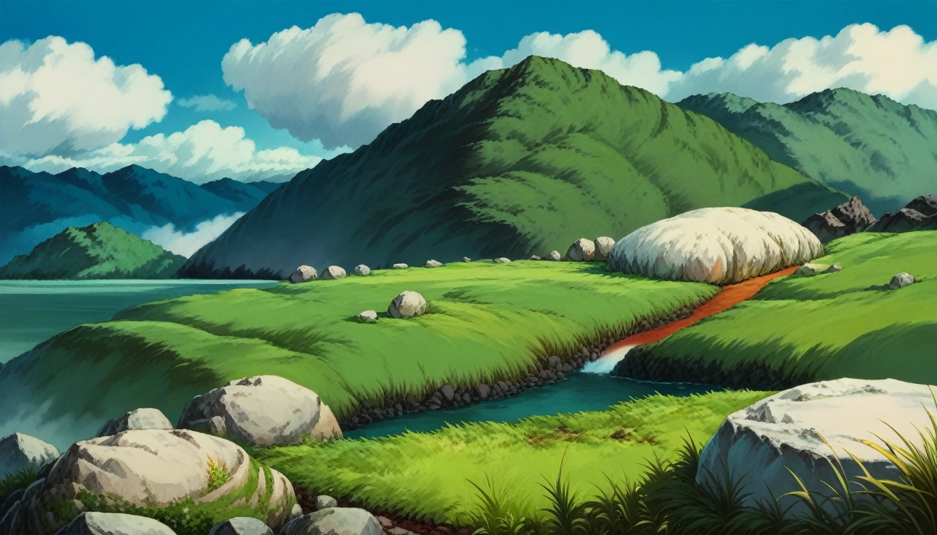 score_9, score_8_superior, score_7_superior, sauce_anime, PDXL, Ghibli Style, Outdoor, null, Day, cloud, blue null, Grass, nature, scenery, rock, volcano