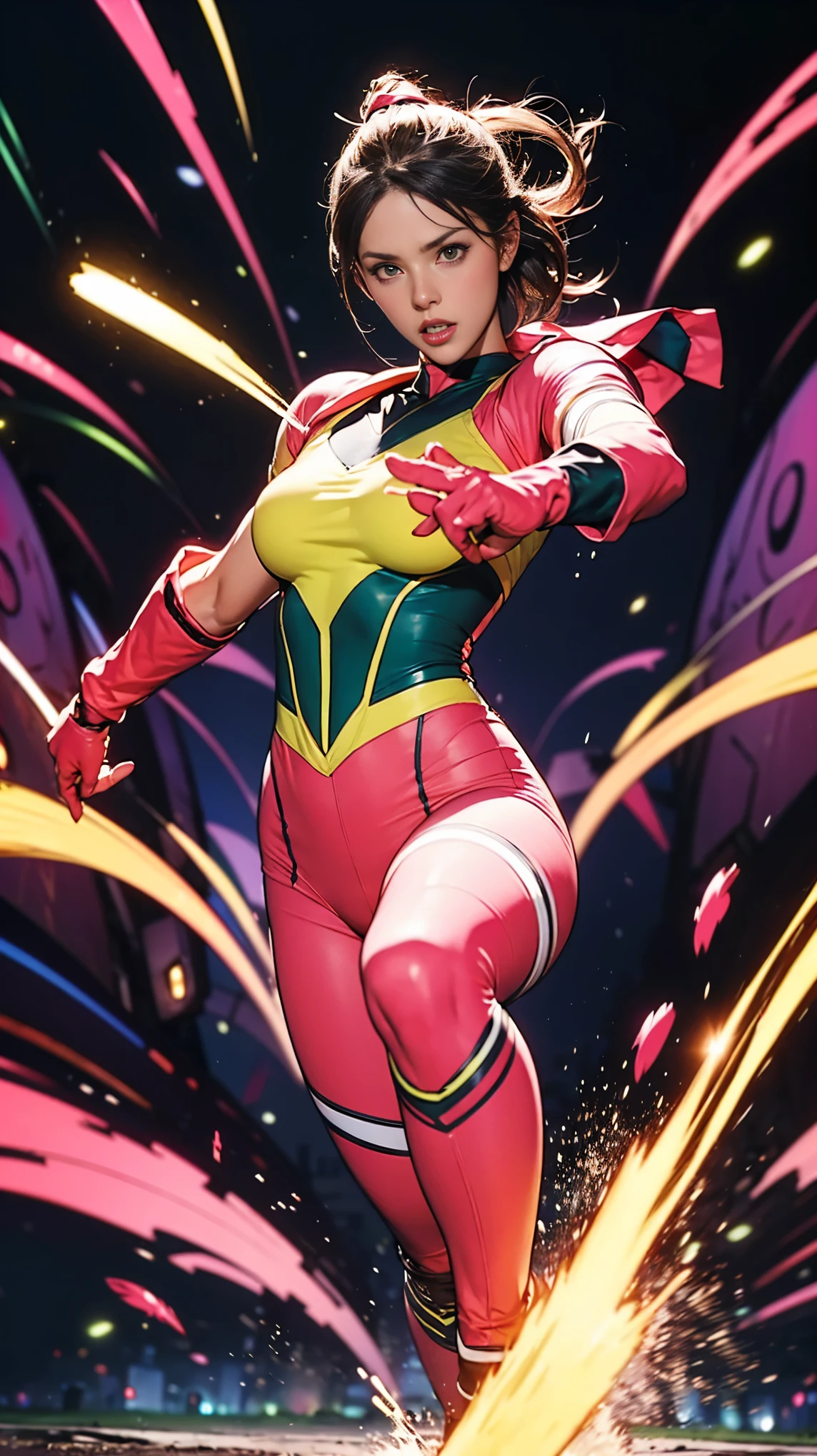 Solo, A brave and courageous image of a 6 member ranger team, Each one is decorated in vibrant colors such as:: ((Pink)), red is front of center, violet, Green, yellow, blue black, white,. Dynamic poses in a background that exudes energy and courage, neon, fire, plasma, Fluorescent, shocking, pink big bomber, splashing pink, running, fighting pose, action pose, Embodying the essence of the classic Sentai superhero team. Each Ranger:: The attire is sophisticated and modern, Each color has elements that reflect its theme., Ready for action. ((Camel Toe)), weapons, in sunset background , in cinematic lighting, cover art mixed cinema poster style,