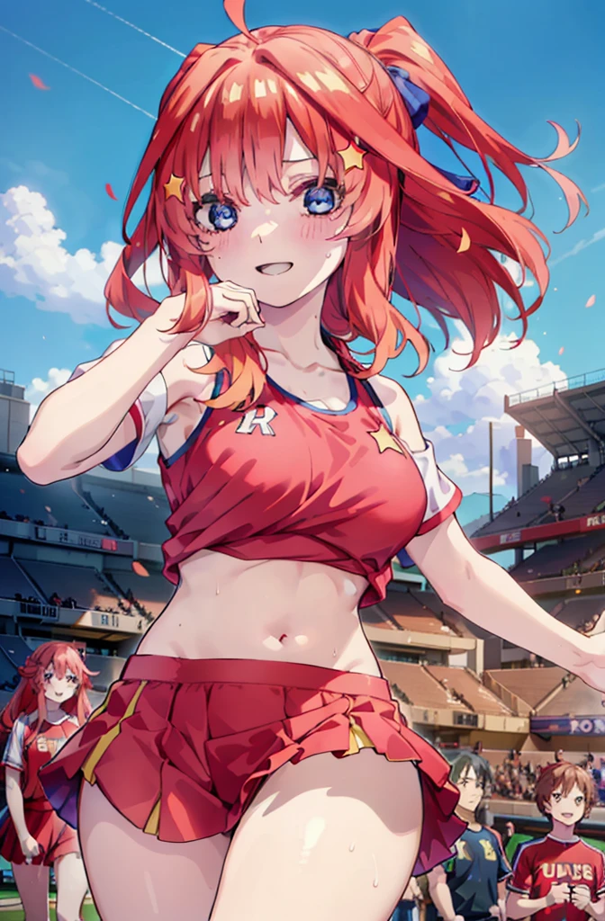 itsukinakano, Itsuki Nakano, bangs, blue eyes, hair between eyes, Ahoge, Redhead, star \(symbol\), happy smile, smile, Open your mouth,hair ornaments, star hair ornaments,(cheer leading), (whole body), Big Breasts, Lower, (Sweaty), Sweaty Wet Clothes (Red clothes),  No sleeve,Belly button support, playground, (Jump), (Jump), 足を曲げてJumpする, air, blue sky, Grass原, smileのチアリーダー, Pom-pom \(cheer leading\), Grass, whole bodyがイラストに入るように,crowd, people々々,
break outdoors, Stadium,
break looking at viewer, whole body,
break (masterpiece:1.2), Highest quality, High resolution, unity 8k wallpaper, (shape:0.8), (Fine and beautiful eyes:1.6), Highly detailed face, Perfect lighting, Highly detailed CG, (Perfect hands, Perfect Anatomy),