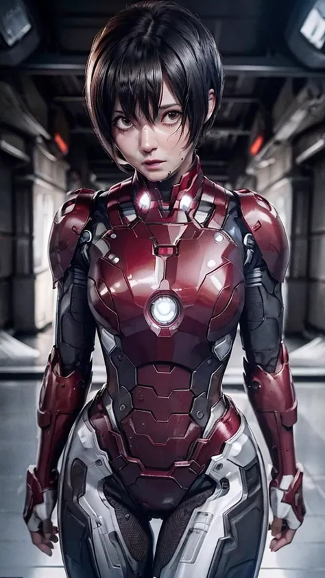 Highest quality　8k red armor　Iron Man Suit　Middle-aged women　　Sweaty face　　short hair　　Steam coming out of my head　My hair is we...