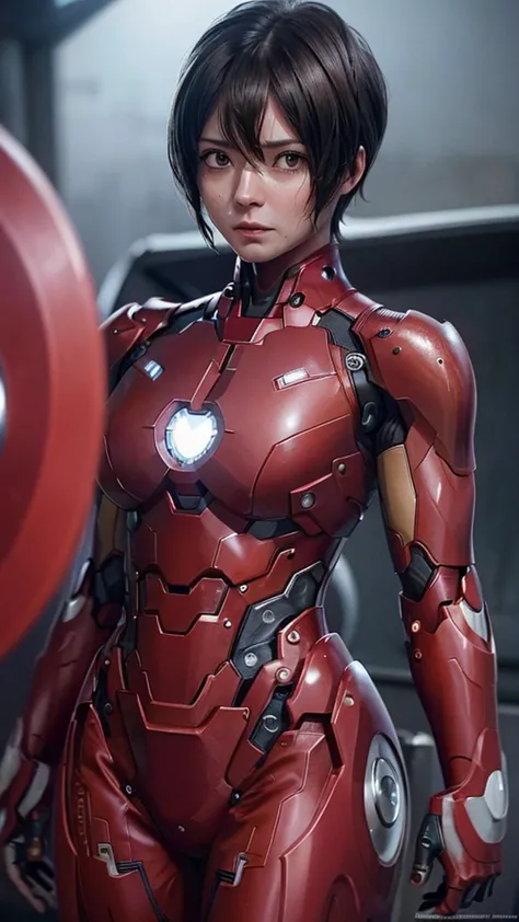 Highest quality　8k red armor　Iron Man Suit　Middle-aged women　　Sweaty face　　short hair　　Steam coming out of my head　My hair is we...