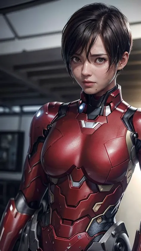 Highest quality　8k red armor　Iron Man Suit　Middle-aged women　　Sweaty face　　short hair　　Steam coming out of my head　My hair is we...