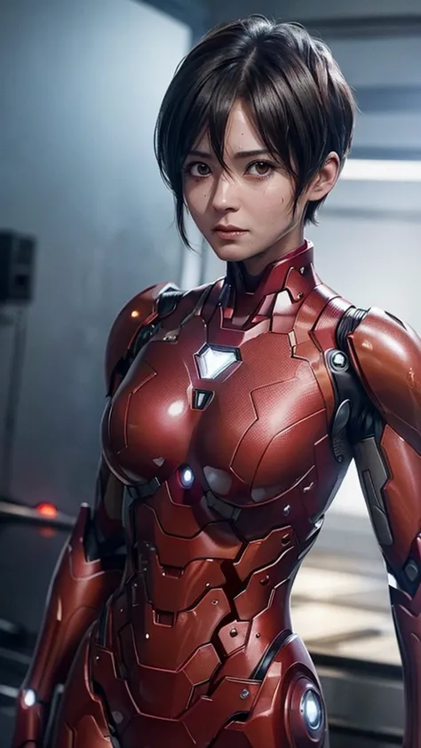 Highest quality　8k red armor　Iron Man Suit　Middle-aged women　　Sweaty face　　short hair　　Steam coming out of my head　My hair is we...