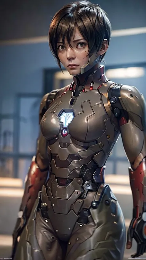 Highest quality　8k red armor　Iron Man Suit　Middle-aged women　　Sweaty face　　short hair　　Steam coming out of my head　My hair is we...