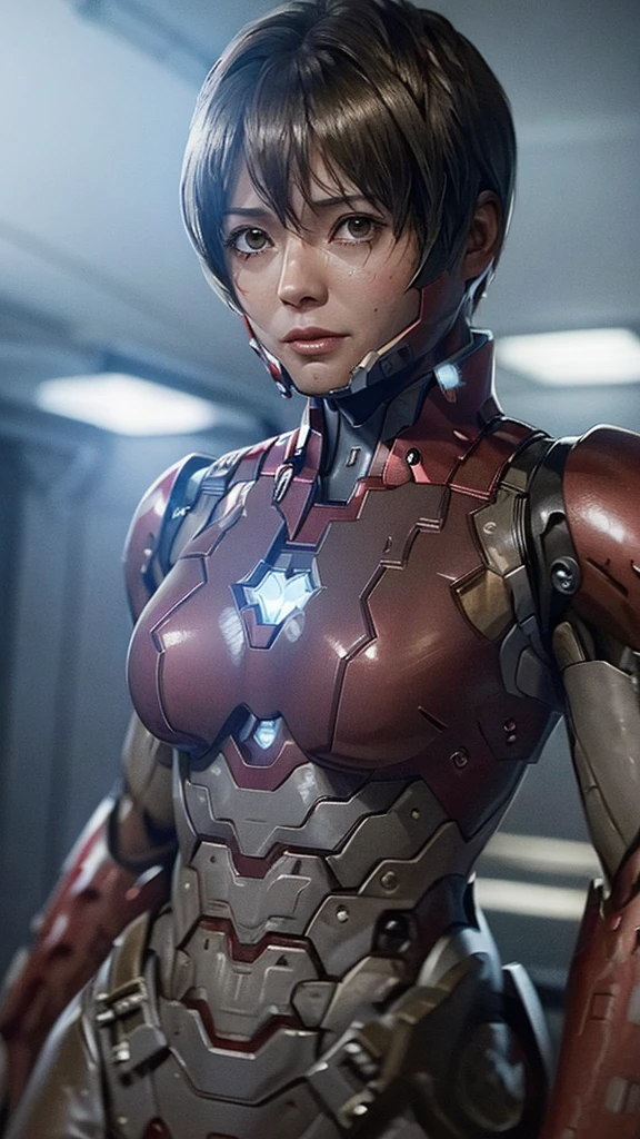 Highest quality　8k red armor　Iron Man Suit　Middle-aged women　　Sweaty face　　short hair　　Steam coming out of my head　My hair is wet with sweat　Black Hair　((Character Focus))　　Full body portrait　