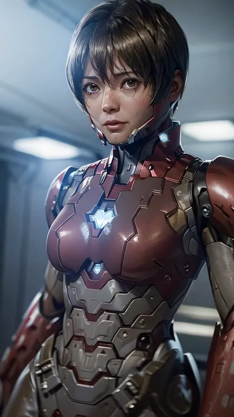 highest quality　8k red armor　iron man suit　middle-aged women　　sweaty face　　short hair　　steam coming out of my head　my hair is we...