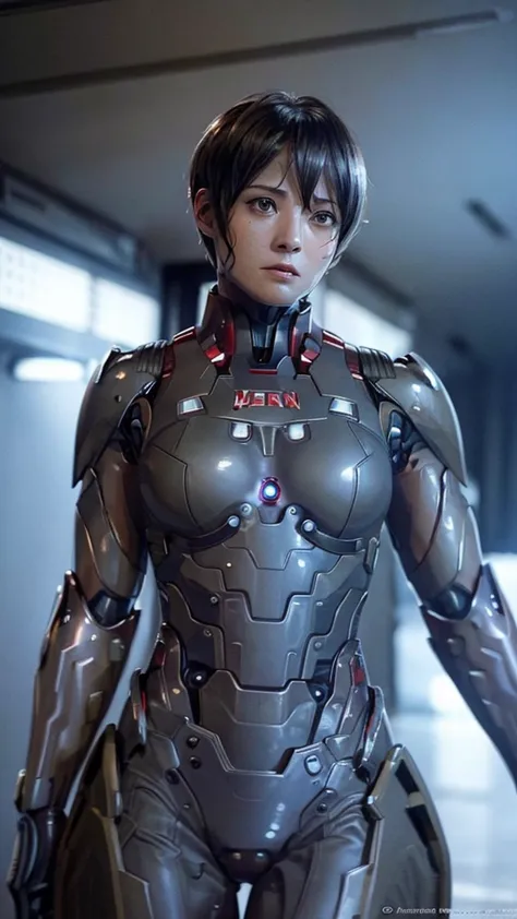 Highest quality　8k red armor　Iron Man Suit　Middle-aged women　　Sweaty face　　short hair　　Steam coming out of my head　My hair is we...