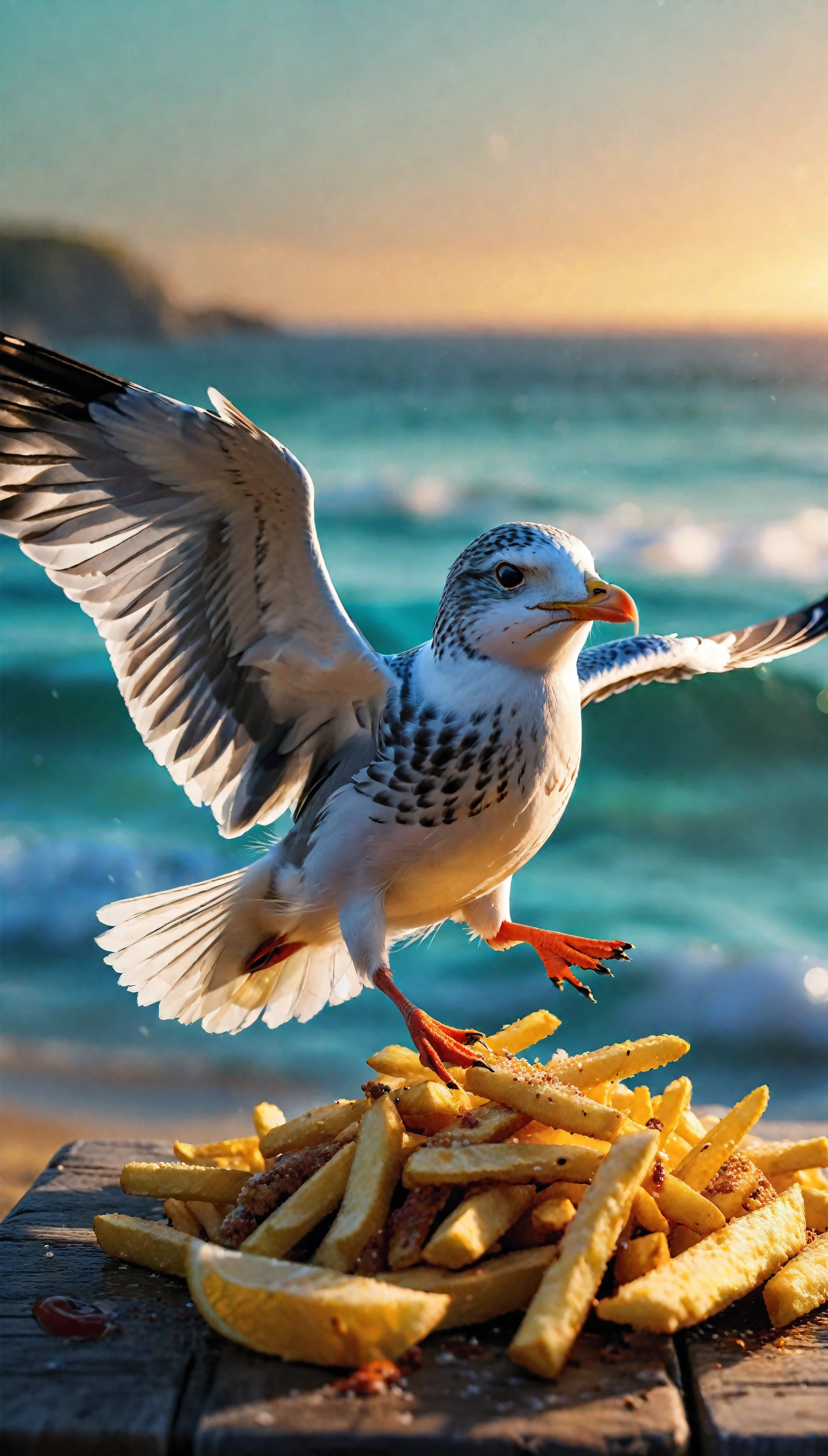 ((Masterpiece in maximum 16K resolution):1.6),((soft_color_photograpy:)1.5), ((Ultra-Detailed):1.4),((Movie-like still images and dynamic angles):1.3). | (Macro shot cinematic photo of seagull flying over a beach table with french fries.), ((detailed seagull, detailed french fries, beach, detailed wooden table, sunset, golden hour lighting, vibrant colors):1.2), (macro lens), (exotic animal), (cute), (delightful atmosphere), (aesthetic photography style), (visual experience),(Realism), (Realistic),award-winning graphics, dark shot, film grain, extremely detailed, Digital Art, rtx, Unreal Engine, scene concept anti glare effect, All captured with sharp focus. | Rendered in ultra-high definition with UHD and retina quality, this masterpiece ensures anatomical correctness and textured skin with super detail. With a focus on high quality and accuracy, this award-winning portrayal captures every nuance in stunning 16k resolution, immersing viewers in its lifelike depiction. | ((perfect_composition, perfect_design, perfect_layout, perfect_detail, ultra_detailed)), ((enhance_all, fix_everything)), More Detail, Enhance.