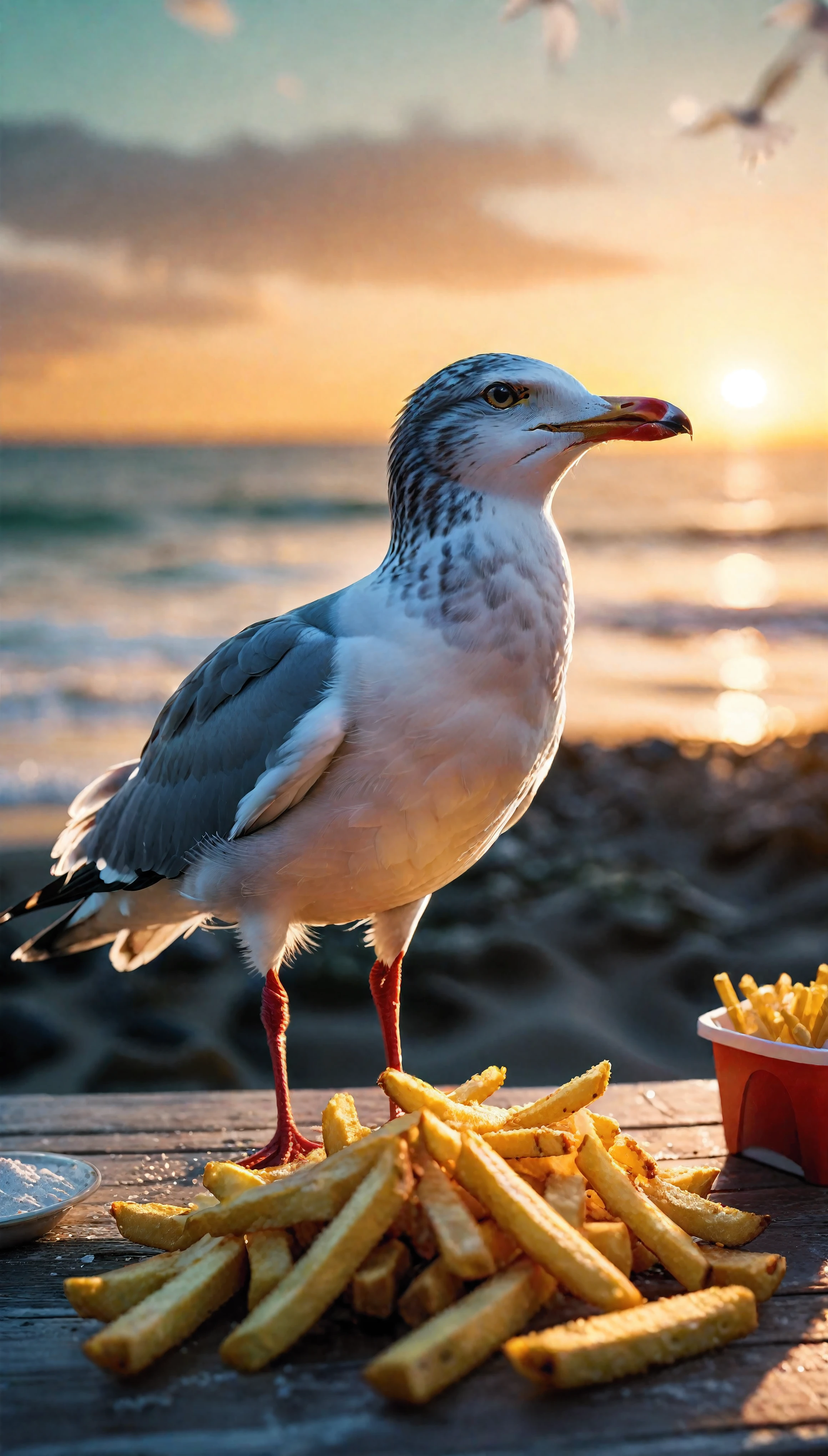 ((Masterpiece in maximum 16K resolution):1.6),((soft_color_photograpy:)1.5), ((Ultra-Detailed):1.4),((Movie-like still images and dynamic angles):1.3). | (Macro shot cinematic photo of seagull flying over a beach table with french fries.), ((detailed seagull, detailed french fries, beach, detailed wooden table, sunset, golden hour lighting, vibrant colors):1.2), (macro lens), (exotic animal), (cute), (delightful atmosphere), (aesthetic photography style), (visual experience),(Realism), (Realistic),award-winning graphics, dark shot, film grain, extremely detailed, Digital Art, rtx, Unreal Engine, scene concept anti glare effect, All captured with sharp focus. | Rendered in ultra-high definition with UHD and retina quality, this masterpiece ensures anatomical correctness and textured skin with super detail. With a focus on high quality and accuracy, this award-winning portrayal captures every nuance in stunning 16k resolution, immersing viewers in its lifelike depiction. | ((perfect_composition, perfect_design, perfect_layout, perfect_detail, ultra_detailed)), ((enhance_all, fix_everything)), More Detail, Enhance.