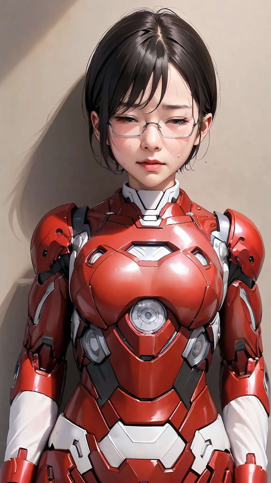 Highest quality　8k Red Iron Man Suit Girl　Kindergarten girl　Sweaty face　cute　short hair　boyish　Steam coming out of my head　My hair is wet with sweat　The feel of black hair　Full body portrait　My upper body is soaked　Glasses