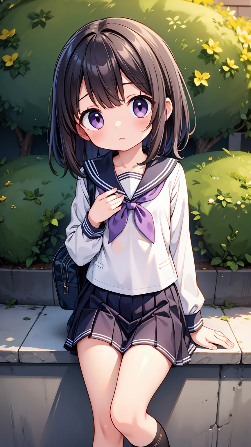 (High quality), (masterpiece), (very detailed), girl, (flat chest:1.6), short brown hair, purple eyes, shy face, primary school girl, white blouse, black skirt with pleats, (loli), showing her thighs, on the school yard, sunny, school girl, (sailor uniform), confessing his love towards the viewer, spectator looked under her, adorable eyes, (school uniform)