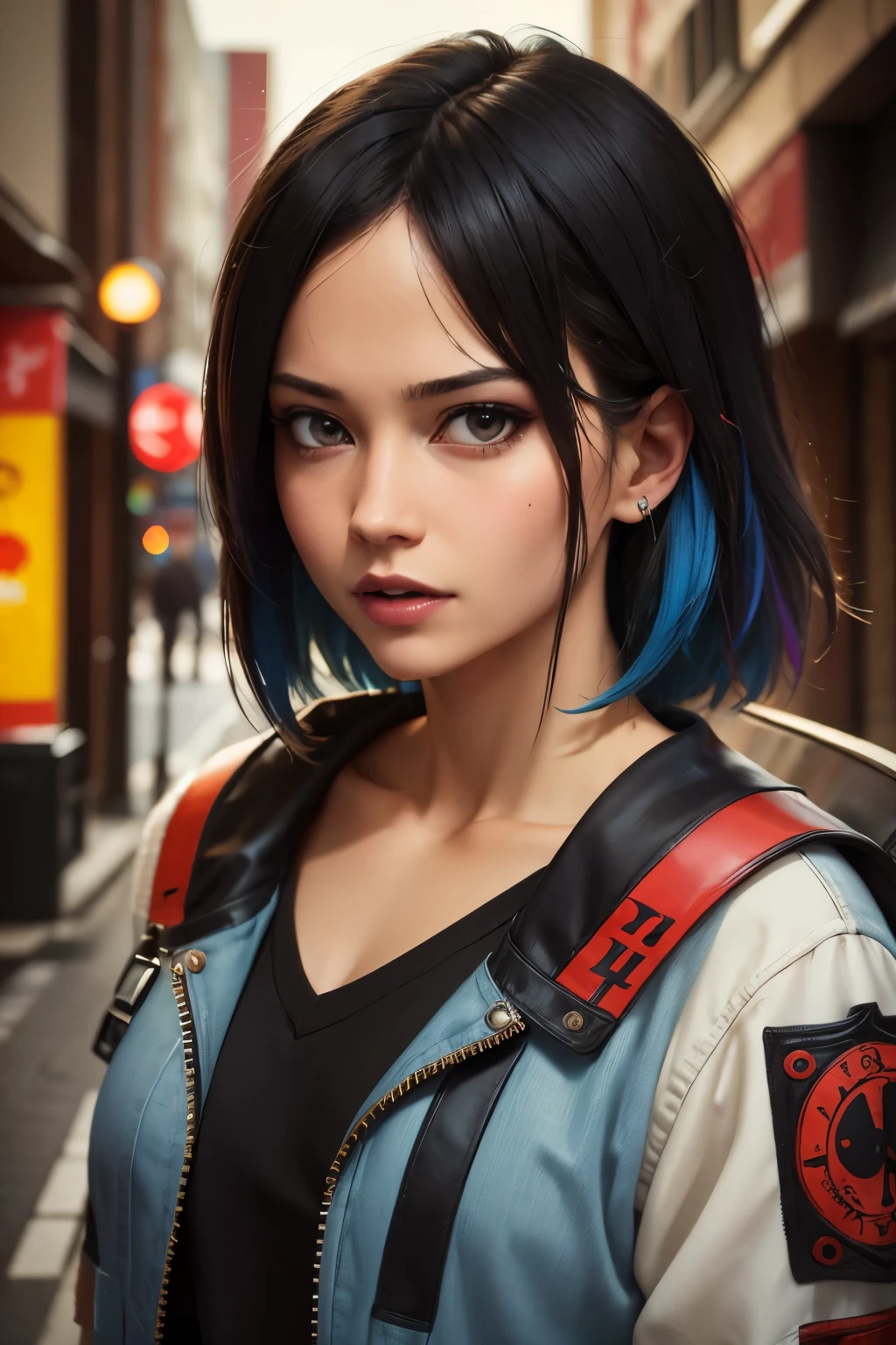 (masterpiece,detailed,highres:1.4) , model shot, close up, detailed face, fine detailed eyes,, (kirishima touka),blue middle hair,ghoul eye,retro jacket,Tokyo Ghoul,retrofuturism background, vibrant colours, hdr,, ,