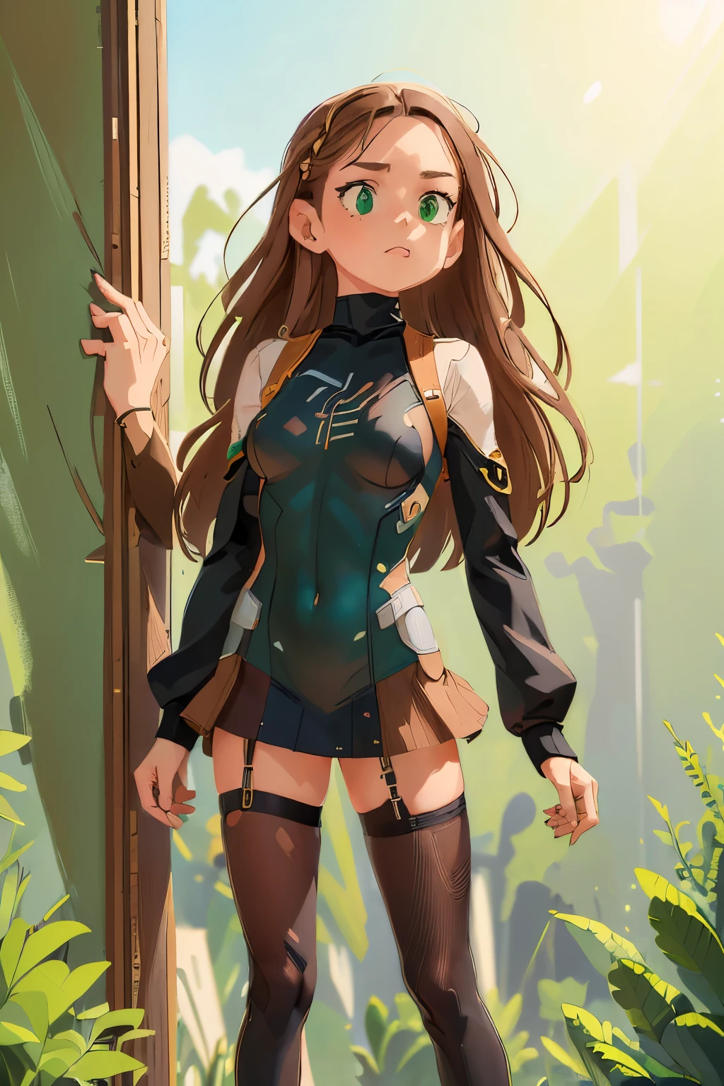 1girl,solo,Sala,original,blonde hair ,green eyes,silver bodysuit,hero bodysuit,metallic clothes,ultra-detailed,sharp focus,aesthetic,(best quality) ,score_9, score_8_up, score_7_up,source_anime,rating_safe,(((retro artstyle)), fashion brand collection, highly detailed, beautiful, masterpiece, best quality, Geometric style, abstract beauty,1 girl, (all body shot, standing and posing:1.3), dynamic pose, approaching perfection, digital painting, artstation, (concept art:1.3), illustration, white and black colors, Geometric patterns, abstract forms, Complex, surreal, BREAK latex, Glossy, Liquid, rubber, BREAK (turtleneck:1.2), (black theme:1.2), (black maximum A-line skirt:1.2), (patchwork of lace and leather:1.2), (complex triangular silhouette:1.2),(brown hair, green eyes:1.4),k,twilight,realistic,cinematic