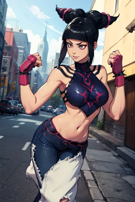 juri, fighint pose, jeans, shorts