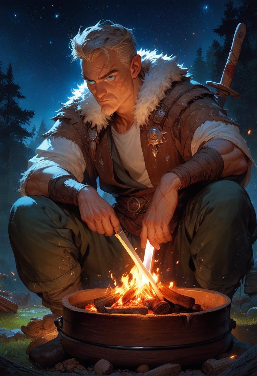 score_9, score_8_up, score_7_up,  20 years old man, fit, sitting by campfire, forest camp, fur trim, battle scars, fierce expression, shirt brown hair, blue eyes, sword behind, animal pelts, glowing embers, moonlit night, starry sky, cooking pot, wooden logs, sparks, rugged terrain, 1man, highly detailed, looking at viewer  expressiveH  