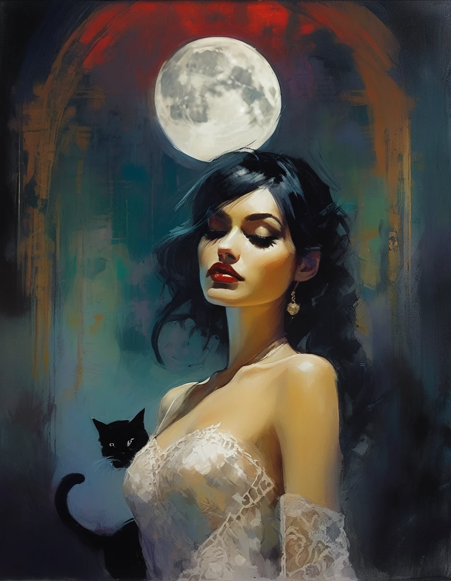 the sexy girl and the cat and the half moon, night, lace dress ( art inspired by Bill Sienkiewicz, oil painting)
