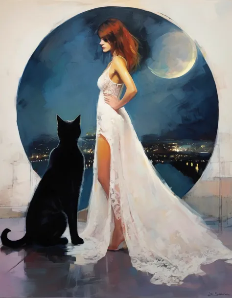 the sexy girl and the cat and the half moon, night, lace dress ( art inspired by Bill Sienkiewicz, oil painting)
