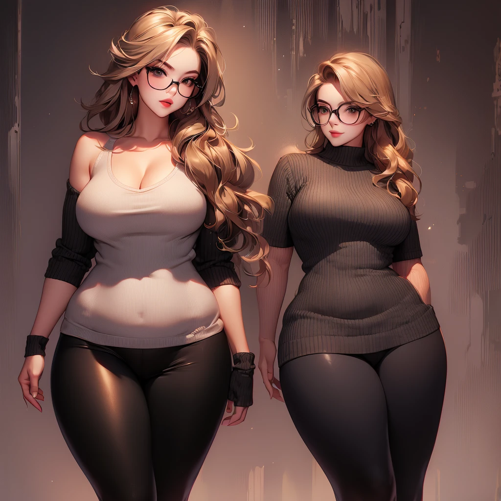 mature plump curvy, extra thic, wide hips, blonde woman with glasses wearing grey sweater and black leggings
