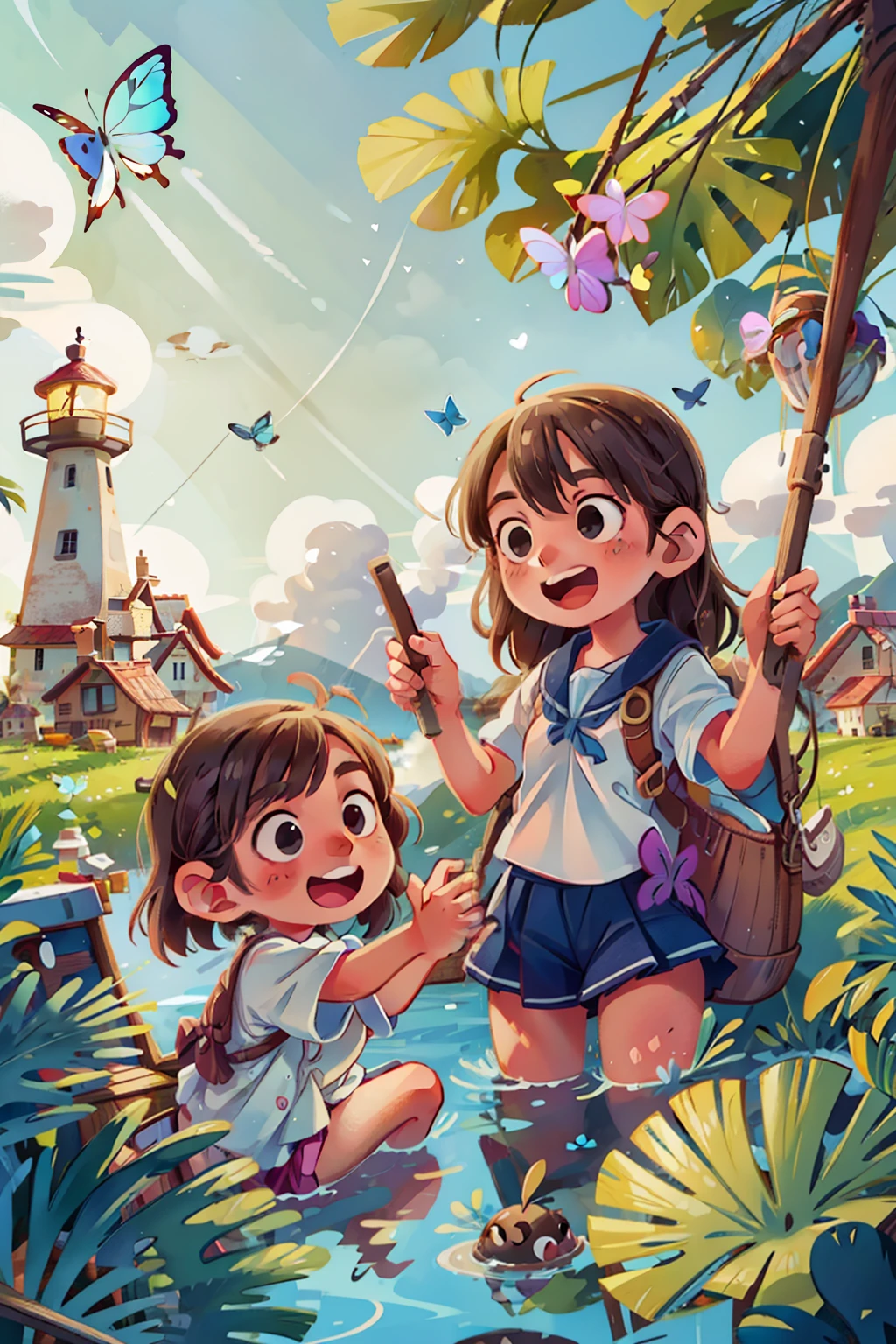 Gera a imagem de duas meninas felizes navegando em um barco, Ondas, mar, céu com nuvens brancas. borboletas coloridas, farol ao fundo,