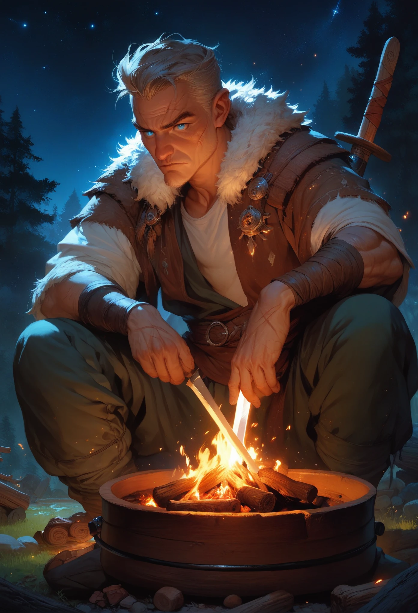 score_9, score_8_up, score_7_up,  20 years old man, fit, sitting by campfire, forest camp, fur trim, battle scars, fierce expression, shirt brown hair, blue eyes, sword behind, animal pelts, glowing embers, moonlit night, starry sky, cooking pot, wooden logs, sparks, rugged terrain, 1man, highly detailed, looking at viewer  expressiveH  