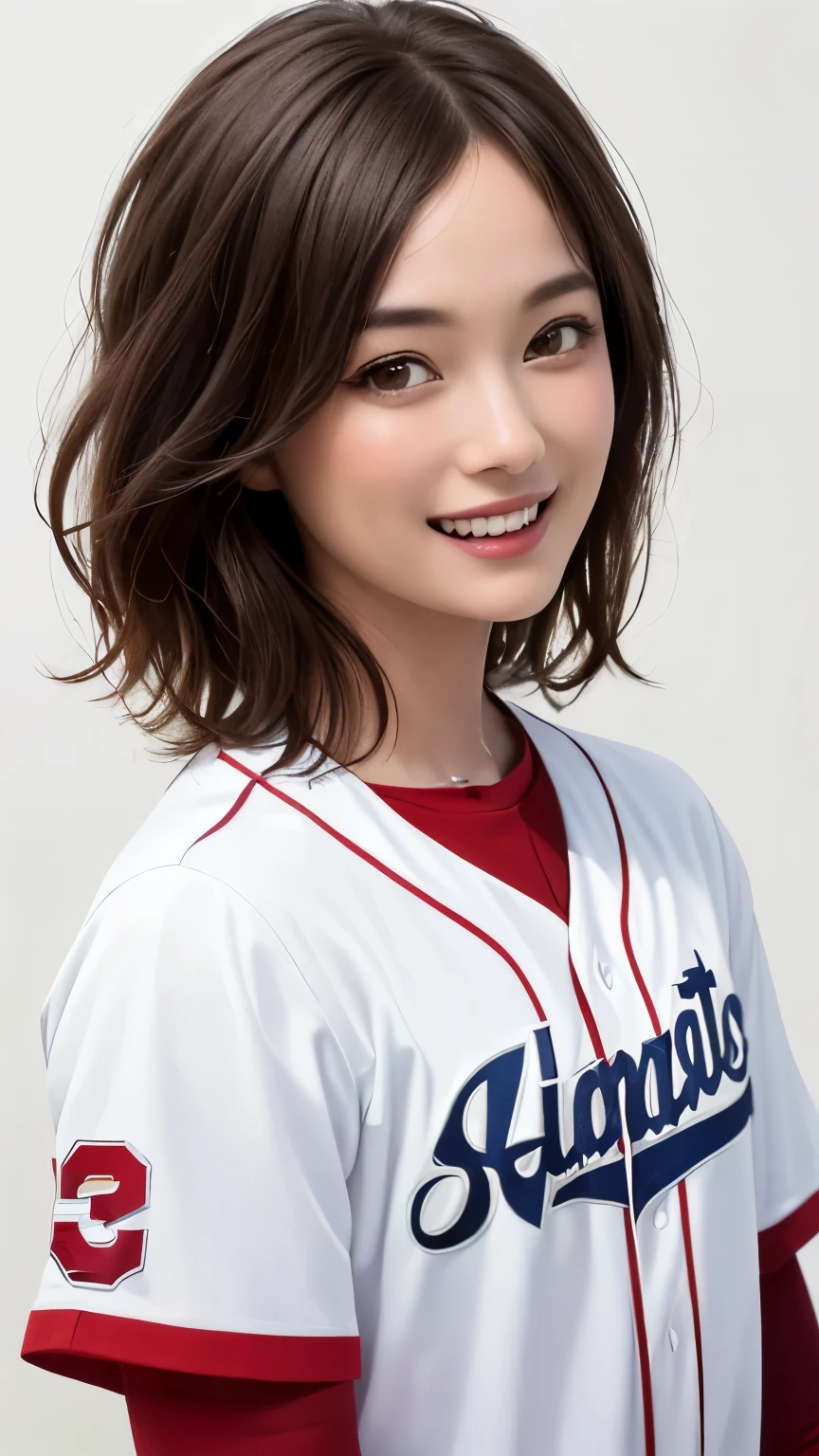 (Highest quality、8k、32K、masterpiece)、(Realistic)、(Realistic:1.2)、(High resolution)、Very detailed、Very beautiful face and eyes、1 Girl、Round and small face、Tight waist、(close、Highest quality、Attention to detail、Rich skin detail)、(Highest quality、8k、Oil paints:1.2)、(Realistic、Realistic:1.37)、Bright colors、(((Brown Hair)))、(((Upper Body Shot)))、(((Medium Hair)))、(((White wall background)))、(((Fun expression)))、(((Baseball uniform)))、(((Red uniform)))、smile、Brown Hair、pitcher