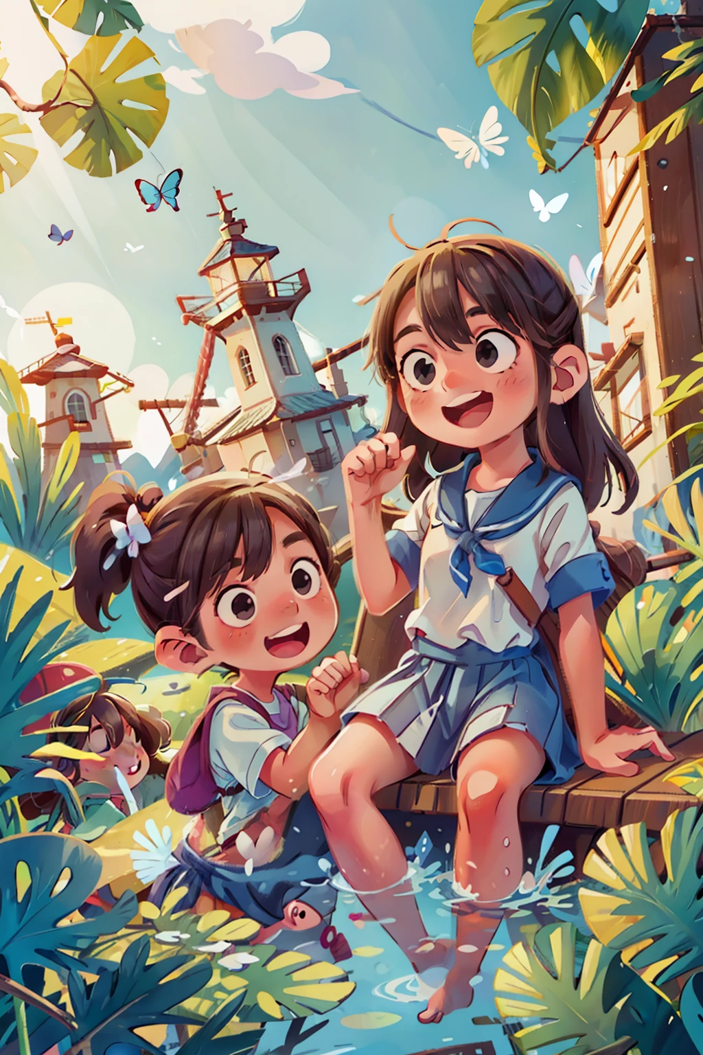 Genera una imagen de dos niñas muy jóvenes felices navegando en un barco., ondas, mar, cielo con nubes blancas. mariposas coloridas, Faro al fondo,