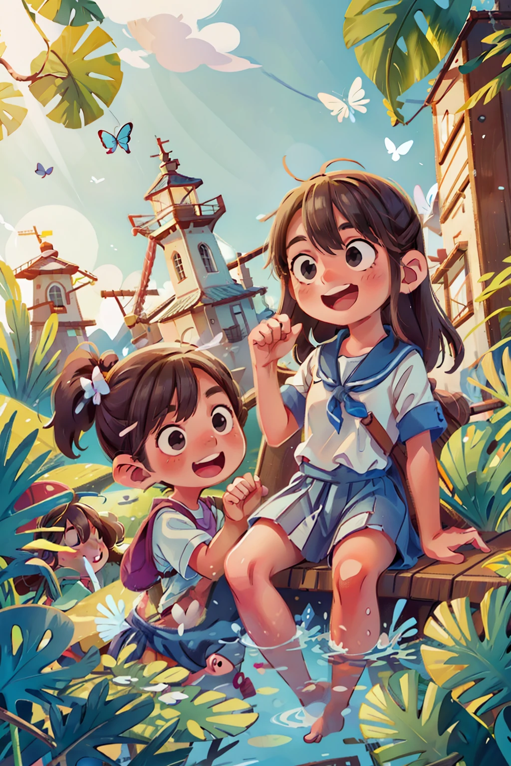 Generates an image of two happy  very young girls sailing on a boat, waves, sea, sky with white clouds. colorful butterflies, lighthouse in the background,