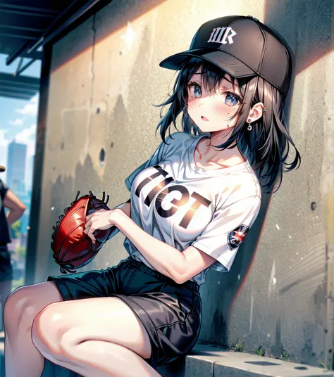 whole body, girl, big tits, medium hair, black hair, tearful mole, earring, baseball cap, black t-shirt, cargo shorts,