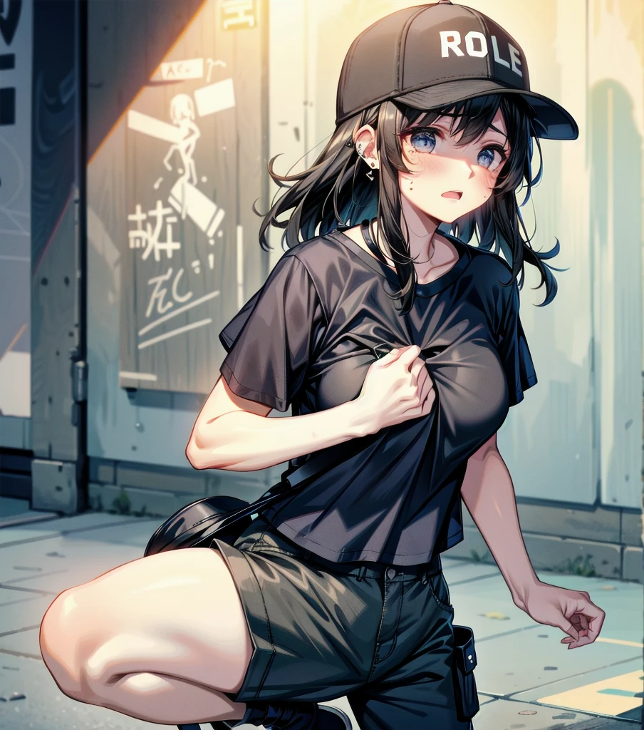 whole body, girl, big tits, medium hair, black hair, tearful mole, earring, baseball cap, black T-shirt, cargo shorts,