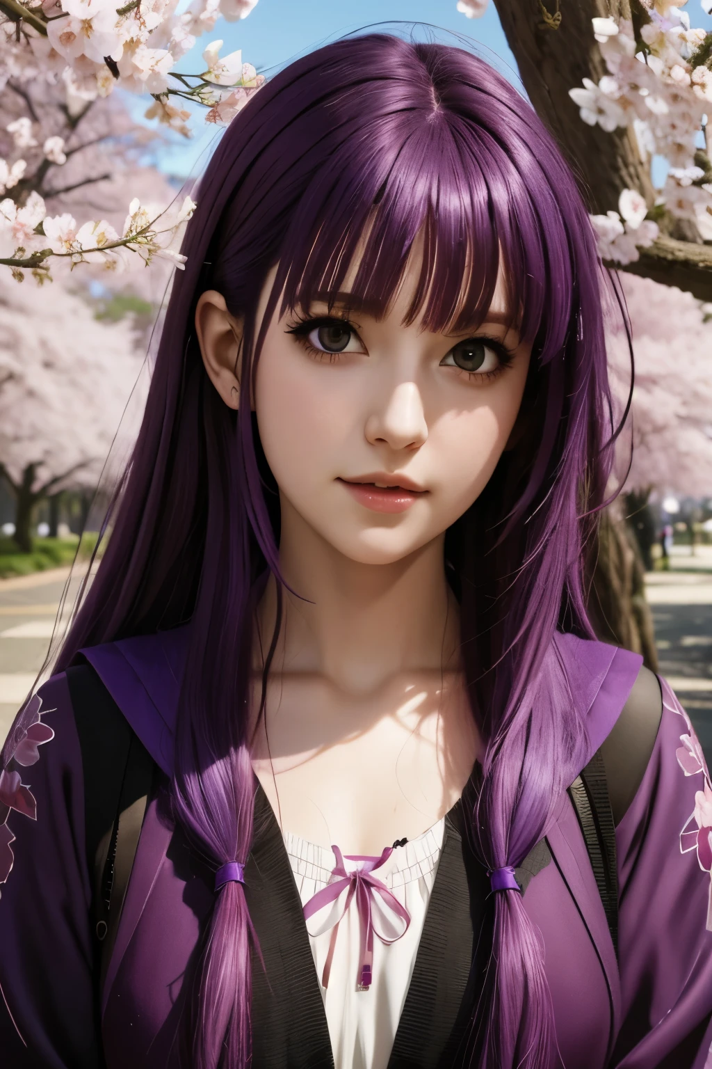 alta resolução, obra de arte,Sakura Matou,Destino, Cabelo roxo, Sozinho, 1 garota,fora,fundo detalhado, olhos detalhados,