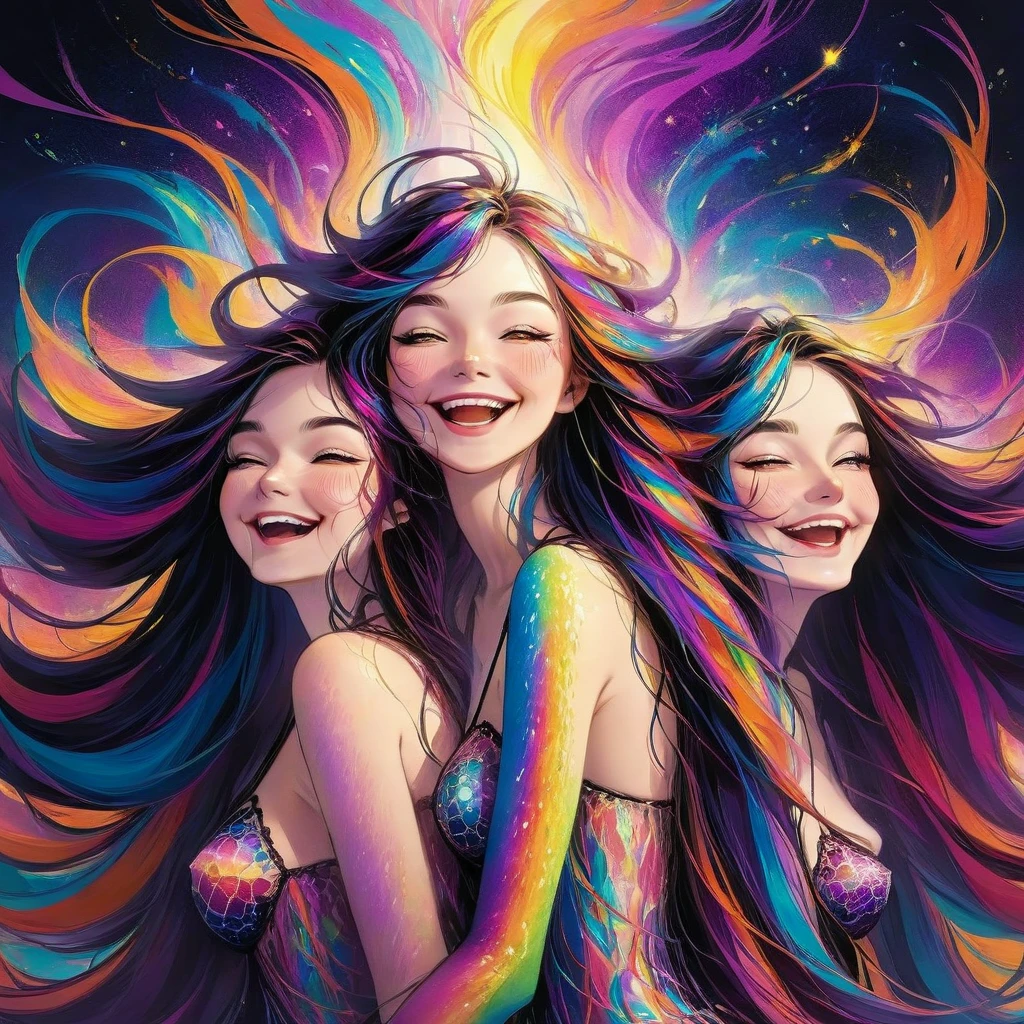 Surreal psychedelic artwork、Three very beautiful young women with body paint laughing、Erotic atmosphere、(Highest quality、4k、8k、High resolution、masterpiece:1.2)、Super detailed、(Real、Photorealistic、Photorealistic:1.37)、Super detailedな顔、Intricate details、Bright colors、Dramatic lighting、Dreamy and surreal setting、Ethereal atmosphere、Sensual pose、High Fashion Lingerie、Shiny skin、long flowing hair、Captivating look