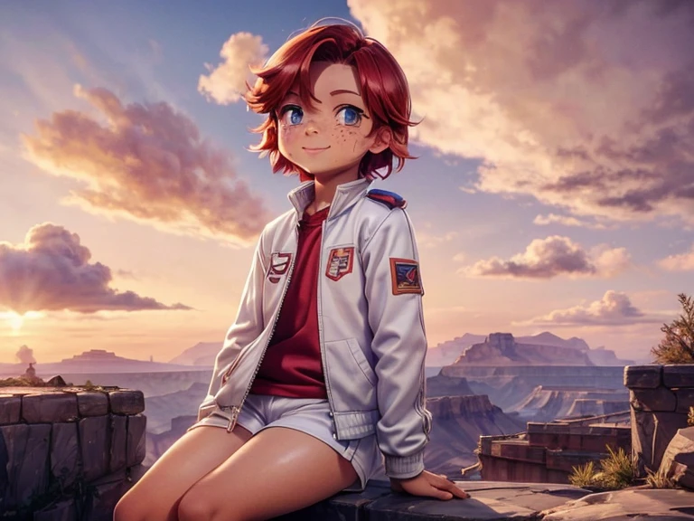 girl１People,Grand Canyon,Mountains are visible in the distance,sunset,current clouds,Gentle breeze,The airship is parked,Looking at the sky in the distance,sit,short hair,Shortcuts,red hair color,Blue eyes,11 year old,Boyish,アジアPeople,smile,Elementary school students,tanned skin,be thin,freckles,White shorts,white mother,Red jacket,high angle,