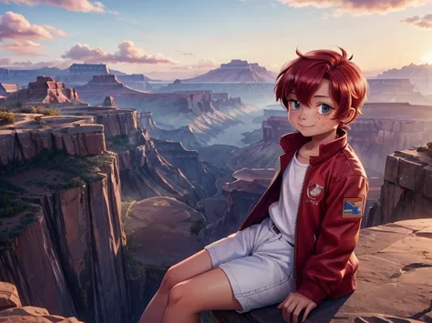 girl１People,Grand Canyon,Mountains are visible in the distance,sunset,current clouds,Gentle breeze,The airship is parked,Looking...