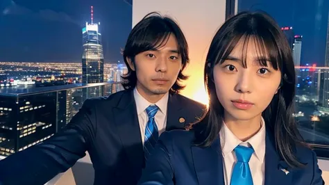 Kikuchi Hina takes a selfie with a man with long bangs and wolf hair., Night view from skyscrapers, Blue suit and tie