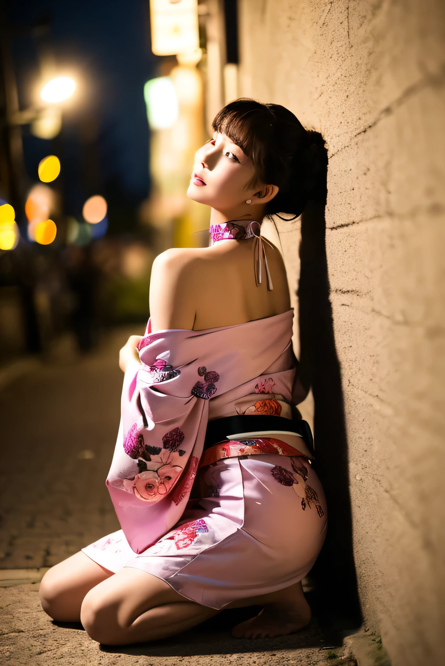 (Fotorrealista:1.8, de la máxima calidad:1.8,8K masterpiece:1.8,Alta resolución,obra maestra:1.8,Fotos CRUDAS,iluminación cinematográfica)、Fondo de luna creciente brillando en el cielo nocturno、Una mujer vistiendo un kimono japonés.、（pelo largo、recogido Style、recogido）、(Un hermoso y lindo kimono floral estilo orquídea.:1.5、Gargantilla)、(un hombro esta desnudo.:1.3)、hermosa piel clara、siéntate、abre un poco la boca、Piernas visibles a través del kimono.、Postura de debilidad、pose obscena、Coloca tus manos en el suelo、descalzo、sosteniendo una rosa roja en la mano、dibujar una silueta、Apoyado contra la pared、Por favor dobla las piernas、Negro Rosa Jenny&#39;pausa、Apoyado contra la pared、todo el cuerpo、(Hermoso rostro、Ojos bonitos、Una rica expresión)