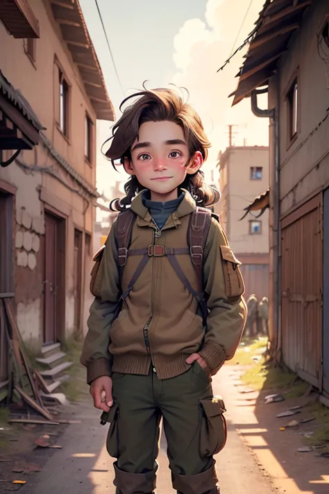 boy, long eyelashes, mischievous grin, very tousled brown tousled long hair, brown sweatshirt, brown military trousers with patc...