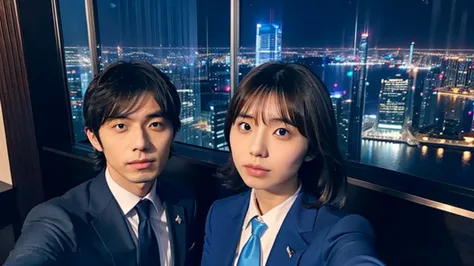 Kikuchi Hina takes a selfie of herself and a man with long bangs, Night view from skyscrapers, Blue suit and tie