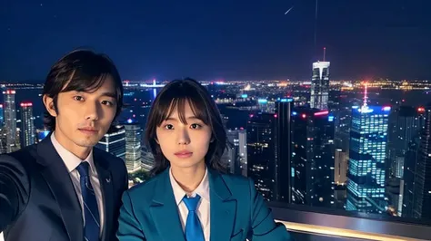 Kikuchi Hina takes a selfie of herself and a man with long bangs, Night view from skyscrapers, Blue suit and tie