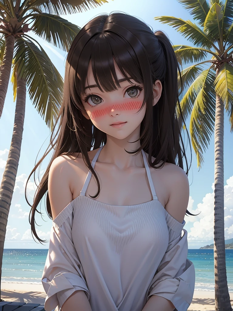 masterpiece, rich colors, Best quality, detailed, high resolution, Hyper quality, high detail, , high quality, detailing, skinny sexy girl on the beach , bright lighting , Brown eyes, Anime, palm trees, bright lighting,