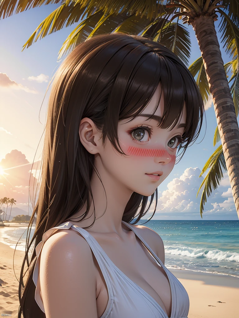 masterpiece, rich colors, Best quality, detailed, high resolution, Hyper quality, high detail, , high quality, detailing, skinny sexy girl on the beach , bright lighting , Brown eyes, Anime, palm trees, bright lighting,