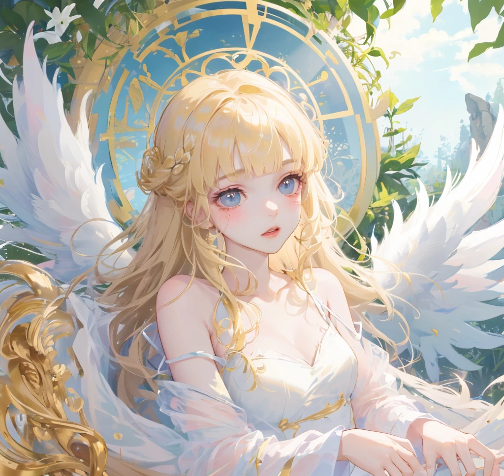 (High quality) (best quality) (A woman) (correct physiognomy) woman, long blonde hair with bangs on her forehead, four small angel wings emerge from her head, two on the left side and two on the right side, two wings of angel emerging from her back, a golden halo behind her head, golden eyes, sensitive lips, feminine appearance, soft facial features, thin eyebrows, soft skin, slightly blushed cheeks, pink lips, silky eyelashes, dreamy expression, middle age , white dress with straps on the shoulders, skirt cut diagonally leaving one leg exposed, location of the photo the woman must be in the middle of the forest, photo illuminated by sunlight, full body proportion, showing in the photo the body from head to torso
