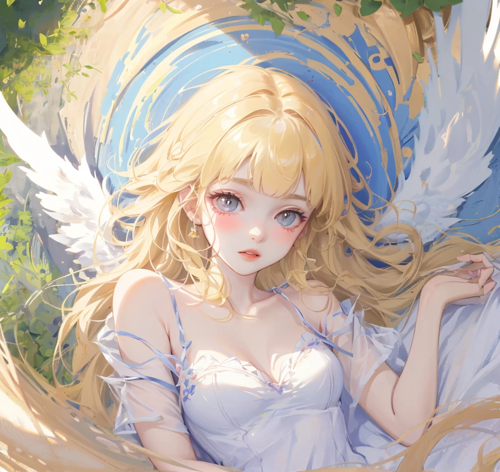 (High quality) (best quality) (A woman) (correct physiognomy) woman, long blonde hair with bangs on her forehead, four small angel wings emerge from her head, two on the left side and two on the right side, two wings of angel emerging from her back, a golden halo behind her head, golden eyes, sensitive lips, feminine appearance, soft facial features, thin eyebrows, soft skin, slightly blushed cheeks, pink lips, silky eyelashes, dreamy expression, middle age , white dress with straps on the shoulders, skirt cut diagonally leaving one leg exposed, location of the photo the woman must be in the middle of the forest, photo illuminated by sunlight, full body proportion, showing in the photo the body from head to torso
