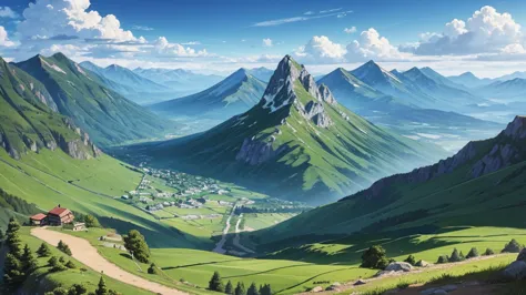 A painting of a mountain landscape with a road going through it landscape, anime style, countryside, with mountains and clouds i...