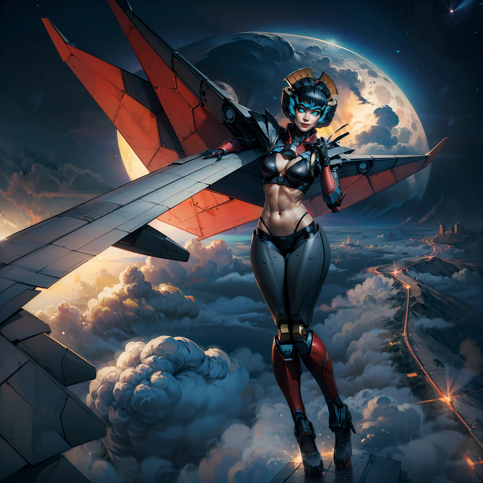 windblade, ((robot, mecha, glowing blue eyes, makeup, narrow waist, skinny, medium breasts, no_humans, autobot, wings)), pelvic curtain, ((black panties, black bra)), full body, perfect body, (insanely detailed, beautiful detailed face, masterpiece, best quality) , (((solo))), (((1robot))), (((mature))), (extremely detailed 8k paper CG wall unit: 1.1), (fly, Flying to the moon, night), (smile face for the viewer), airplane wing