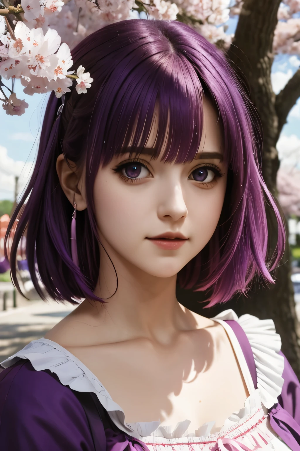 alta resolução, obra de arte,Sakura Matou,Destino, Cabelo roxo, Sozinho, 1 garota,fora,fundo detalhado, olhos detalhados,