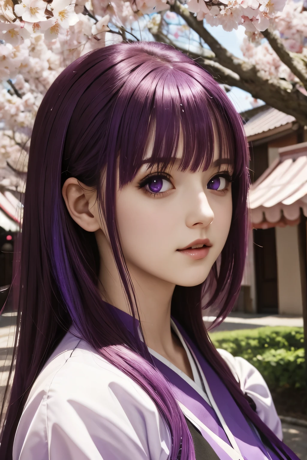 high res, masterpiece,Sakura Matou,fate, purple hair, solo, 1girl,outside,deatailed background, detailed eyes,